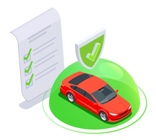 Car ownership usage isometric composition with bubble and protected car icon with sign of paper agreement vector illustration